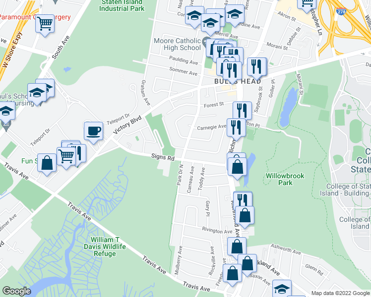 map of restaurants, bars, coffee shops, grocery stores, and more near 138 Amsterdam Avenue in Staten Island