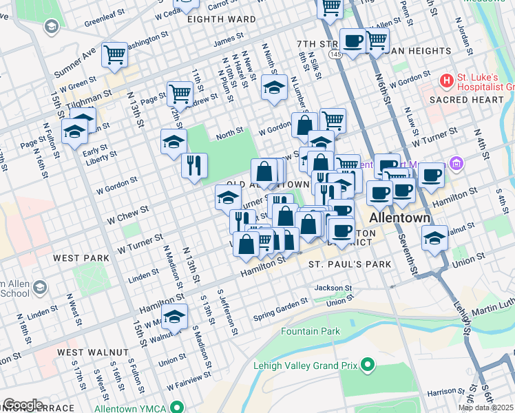 map of restaurants, bars, coffee shops, grocery stores, and more near 1028 West Turner Street in Allentown