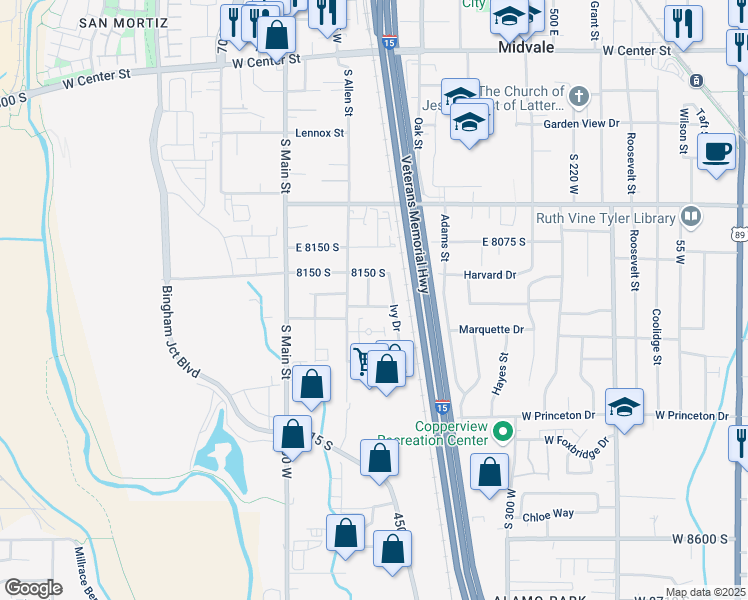 map of restaurants, bars, coffee shops, grocery stores, and more near 529 Ivy Drive in Midvale