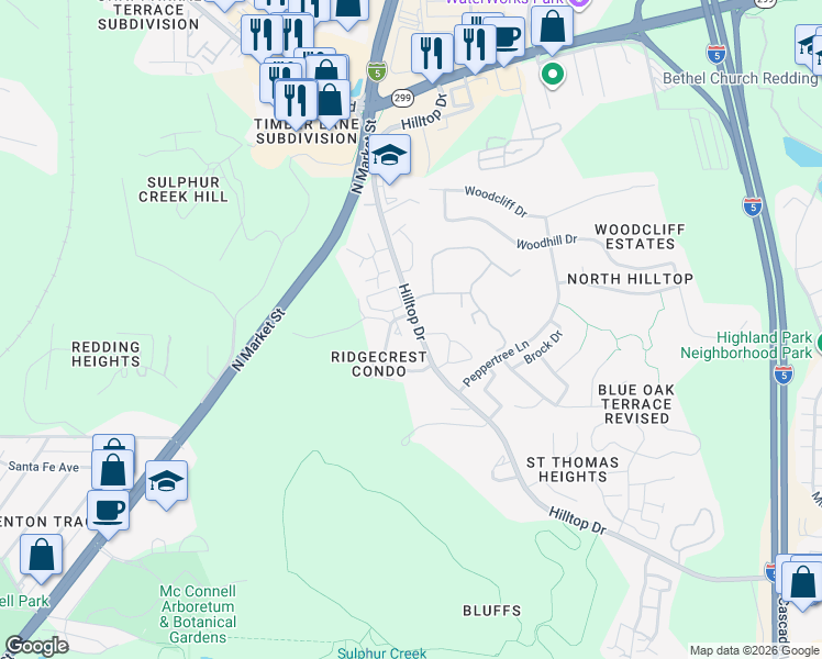map of restaurants, bars, coffee shops, grocery stores, and more near 247 Hilltop Drive in Redding