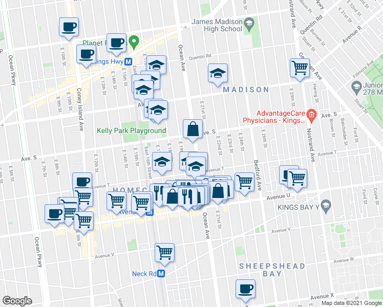 map of restaurants, bars, coffee shops, grocery stores, and more near 1915 East 19th Street in Brooklyn
