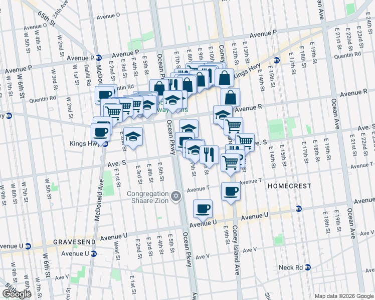 map of restaurants, bars, coffee shops, grocery stores, and more near 1931 East 7th Street in Brooklyn