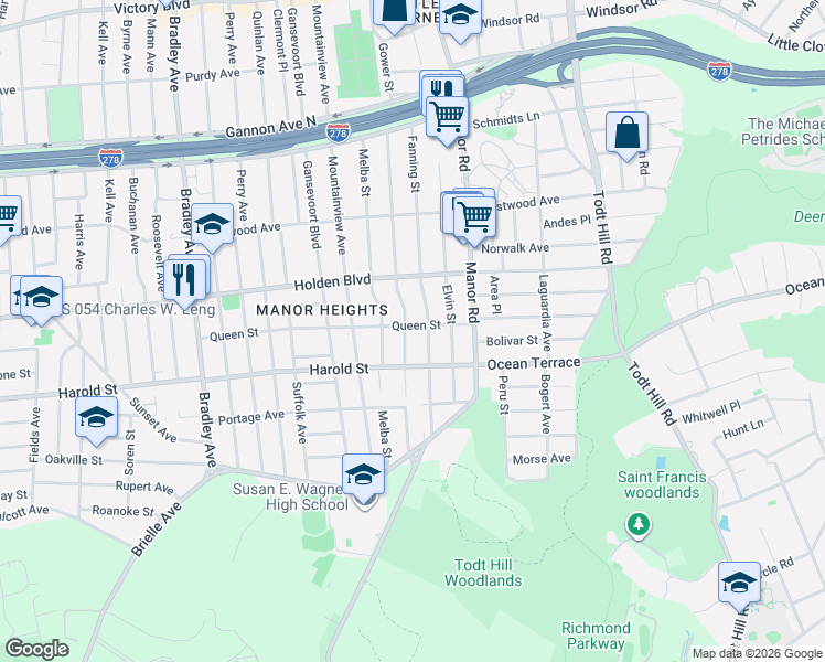 map of restaurants, bars, coffee shops, grocery stores, and more near 365 Fanning Street in Staten Island