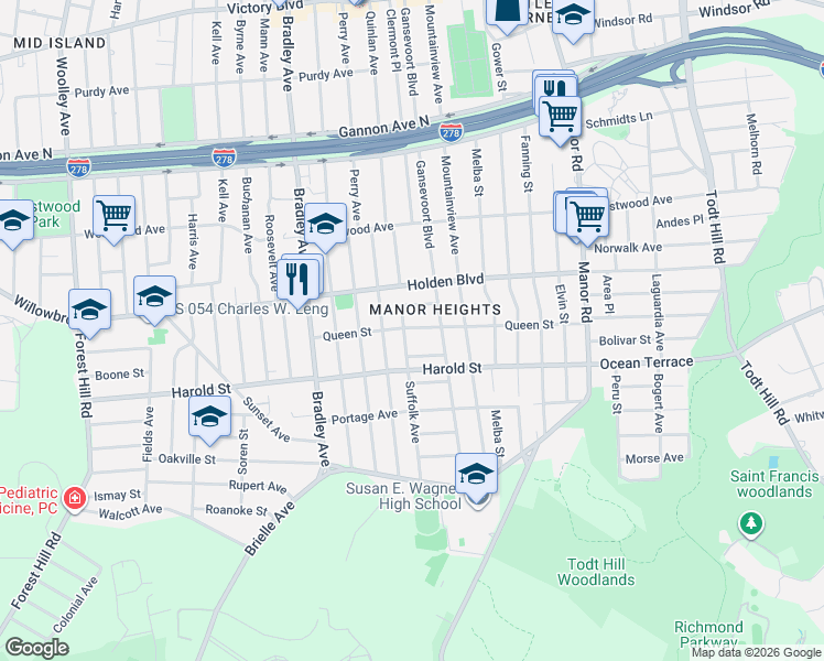 map of restaurants, bars, coffee shops, grocery stores, and more near 14 Duke Place in Staten Island