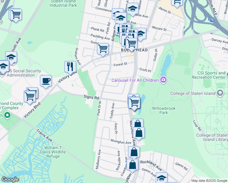 map of restaurants, bars, coffee shops, grocery stores, and more near 62 Dawson Circle in Staten Island