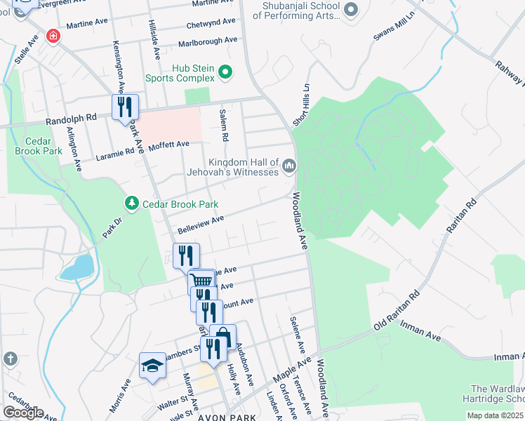 map of restaurants, bars, coffee shops, grocery stores, and more near 1453 Belleview Avenue in Plainfield
