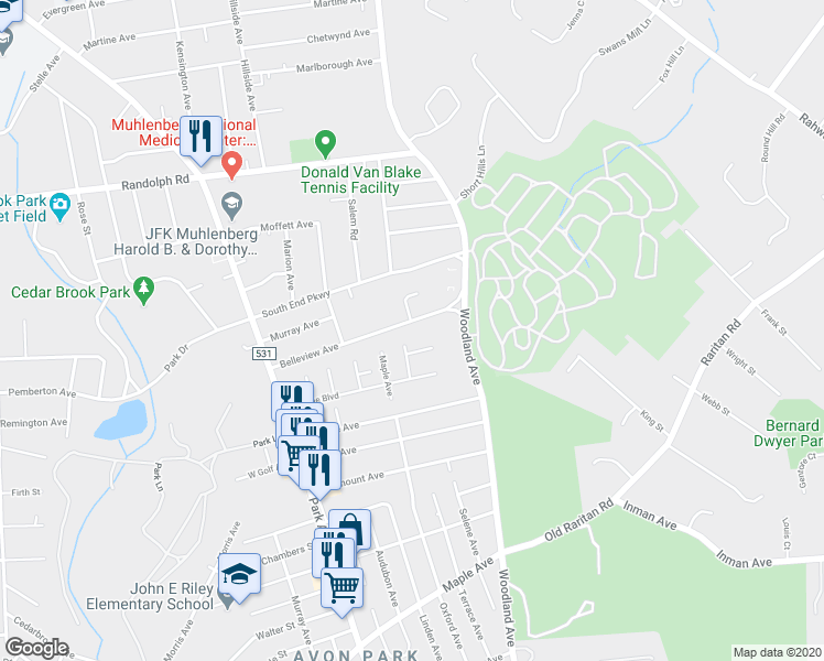 map of restaurants, bars, coffee shops, grocery stores, and more near 1453 Belleview Avenue in Plainfield