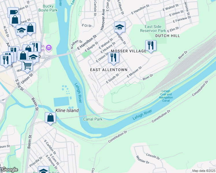 map of restaurants, bars, coffee shops, grocery stores, and more near 505 South Bradford Street in Allentown