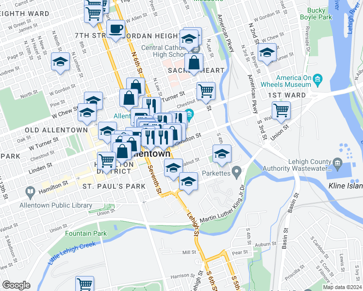 map of restaurants, bars, coffee shops, grocery stores, and more near 455 Hamilton Street in Allentown
