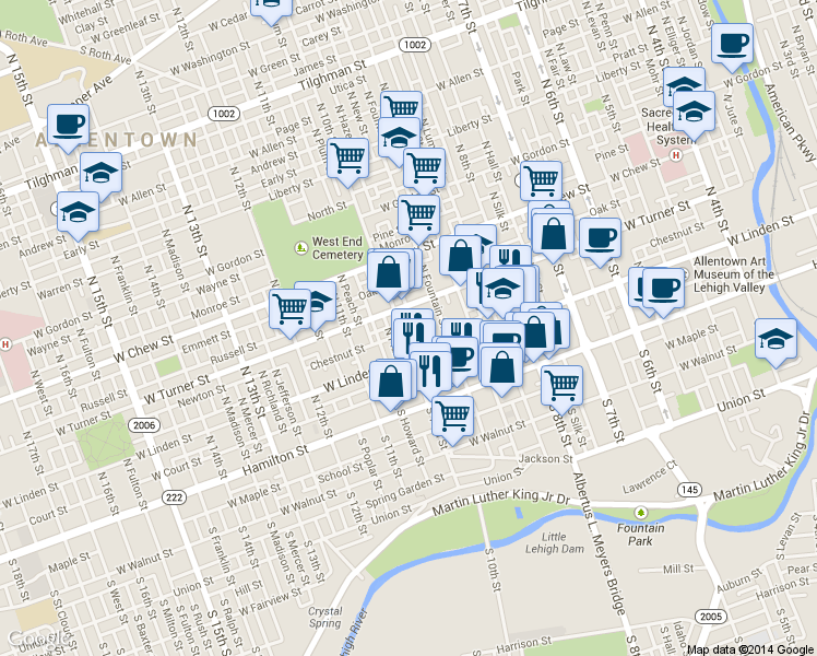 map of restaurants, bars, coffee shops, grocery stores, and more near 943 West Turner Street in Allentown
