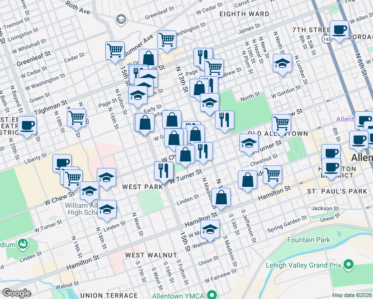 map of restaurants, bars, coffee shops, grocery stores, and more near 324 North Madison Street in Allentown