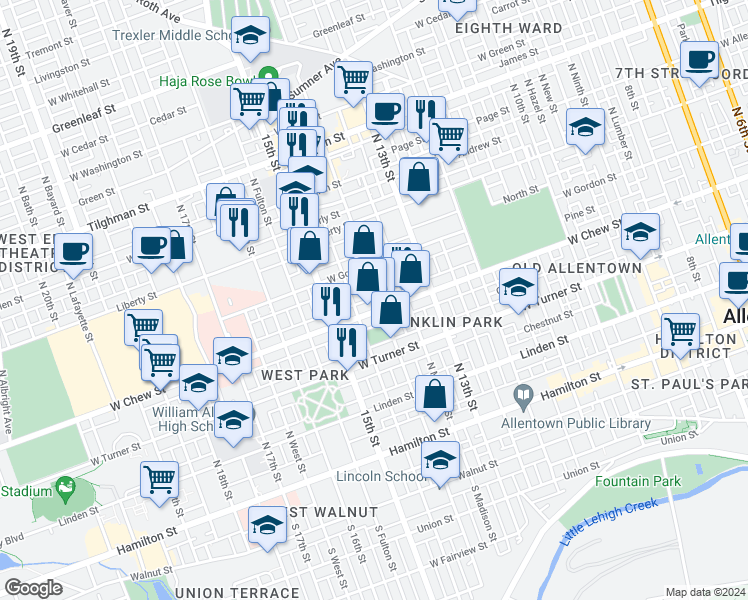 map of restaurants, bars, coffee shops, grocery stores, and more near 1414 West Gordon Street in Allentown
