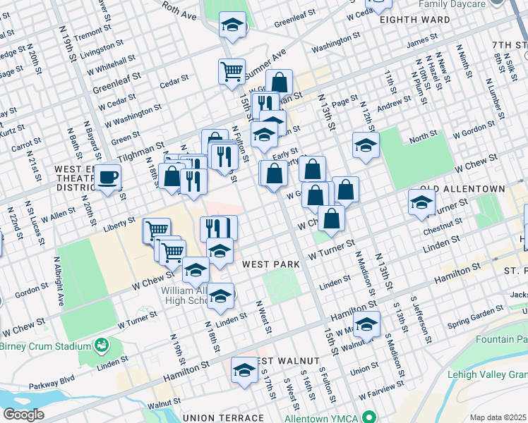 map of restaurants, bars, coffee shops, grocery stores, and more near 418 North Fulton Street in Allentown