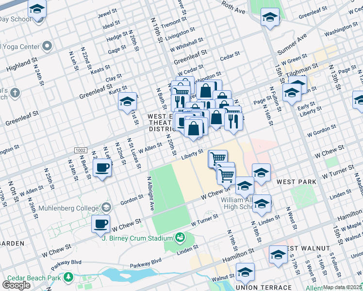 map of restaurants, bars, coffee shops, grocery stores, and more near 522 North Lafayette Street in Allentown