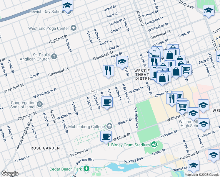 map of restaurants, bars, coffee shops, grocery stores, and more near 2201-2227 Tilghman Street in Allentown
