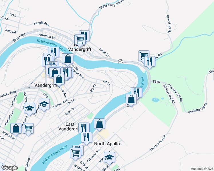 map of restaurants, bars, coffee shops, grocery stores, and more near 283 Sherman Avenue in Vandergrift