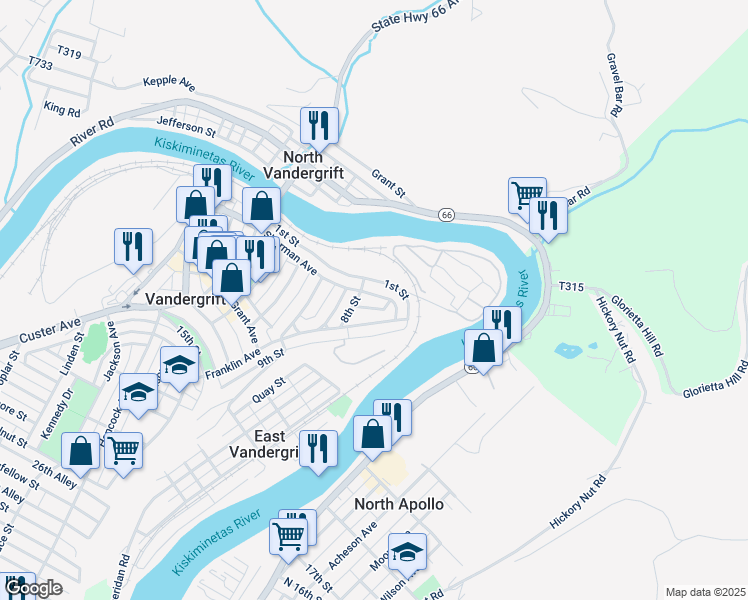 map of restaurants, bars, coffee shops, grocery stores, and more near 259 Sherman Avenue in Vandergrift