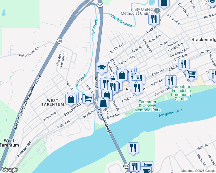 map of restaurants, bars, coffee shops, grocery stores, and more near 306 East 8th Avenue in Tarentum