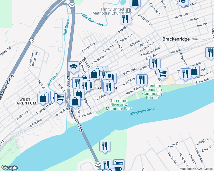 map of restaurants, bars, coffee shops, grocery stores, and more near 415 East 4th Avenue in Tarentum