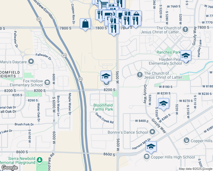 map of restaurants, bars, coffee shops, grocery stores, and more near 5662 8200 South in West Jordan