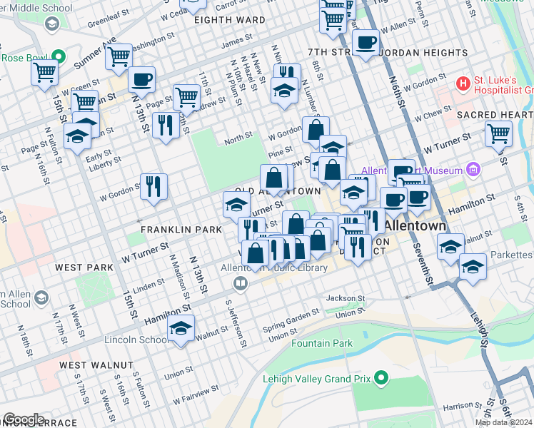map of restaurants, bars, coffee shops, grocery stores, and more near 1028 West Turner Street in Allentown