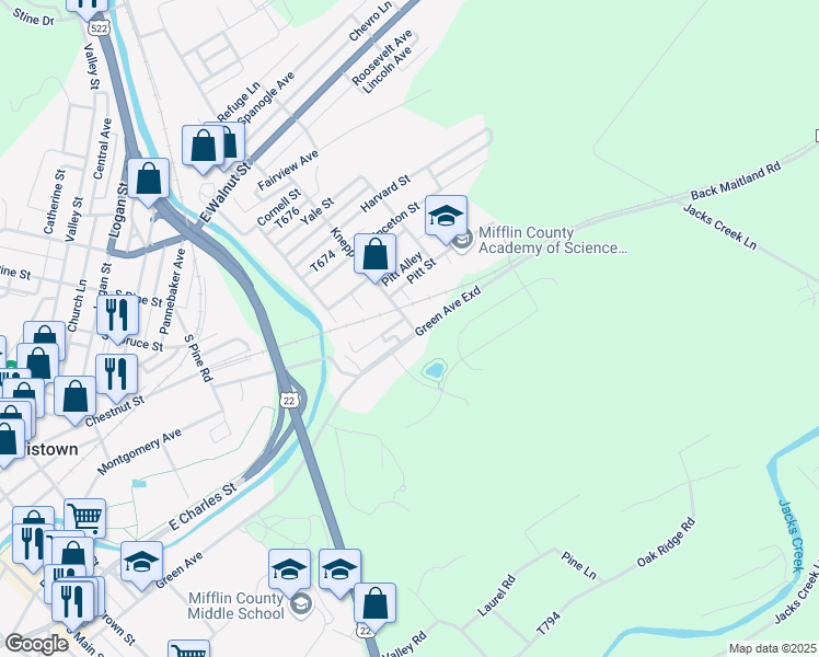 map of restaurants, bars, coffee shops, grocery stores, and more near 435 Green Avenue in Lewistown