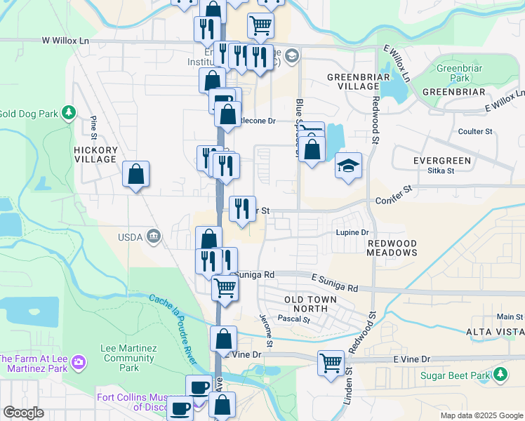 map of restaurants, bars, coffee shops, grocery stores, and more near 242 Conifer Street in Fort Collins