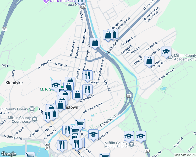 map of restaurants, bars, coffee shops, grocery stores, and more near 43 Pannebaker Avenue in Lewistown