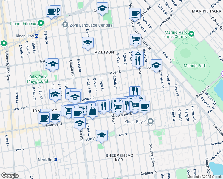 map of restaurants, bars, coffee shops, grocery stores, and more near 4041 Bedford Avenue in Brooklyn