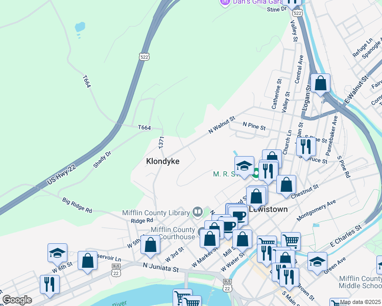 map of restaurants, bars, coffee shops, grocery stores, and more near Ards Ridge Road in Lewistown