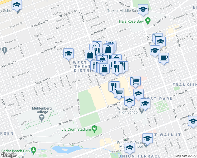 map of restaurants, bars, coffee shops, grocery stores, and more near 521 North Lafayette Street in Allentown