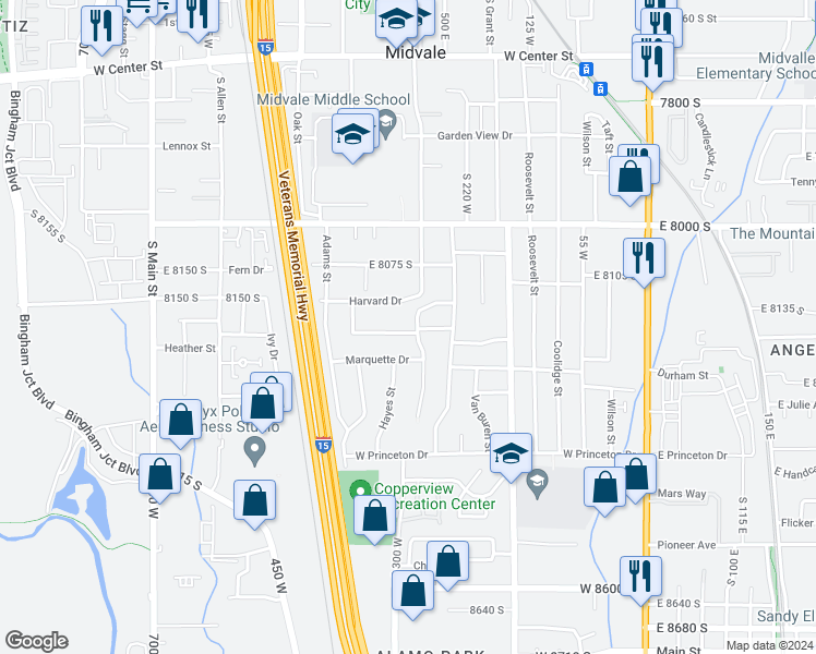 map of restaurants, bars, coffee shops, grocery stores, and more near 292 East 8180 South in Midvale