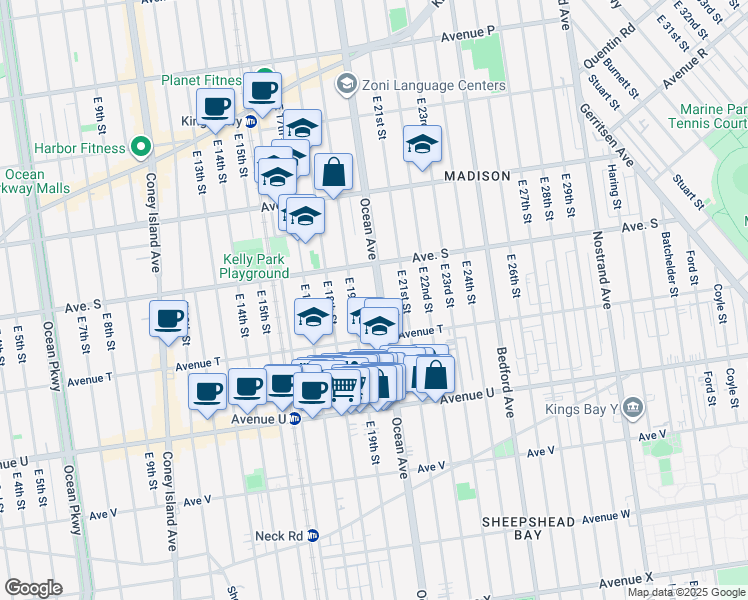 map of restaurants, bars, coffee shops, grocery stores, and more near 1915 East 19th Street in Brooklyn