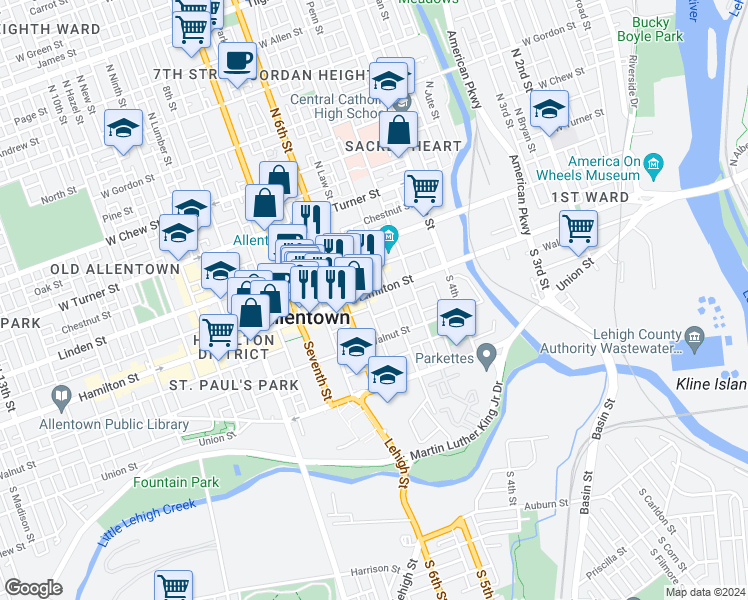 map of restaurants, bars, coffee shops, grocery stores, and more near 520 W Hamilton St in Allentown