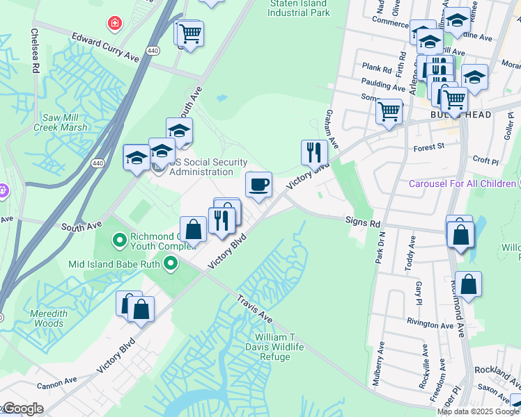 map of restaurants, bars, coffee shops, grocery stores, and more near 3465 Victory Boulevard in Staten Island
