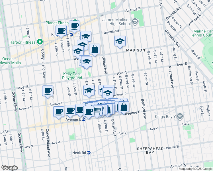 map of restaurants, bars, coffee shops, grocery stores, and more near 1915 East 19th Street in Brooklyn