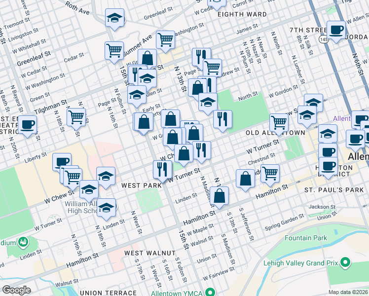 map of restaurants, bars, coffee shops, grocery stores, and more near 324 North Madison Street in Allentown