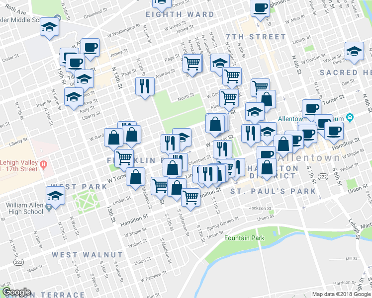 map of restaurants, bars, coffee shops, grocery stores, and more near 1119 West Turner Street in Allentown