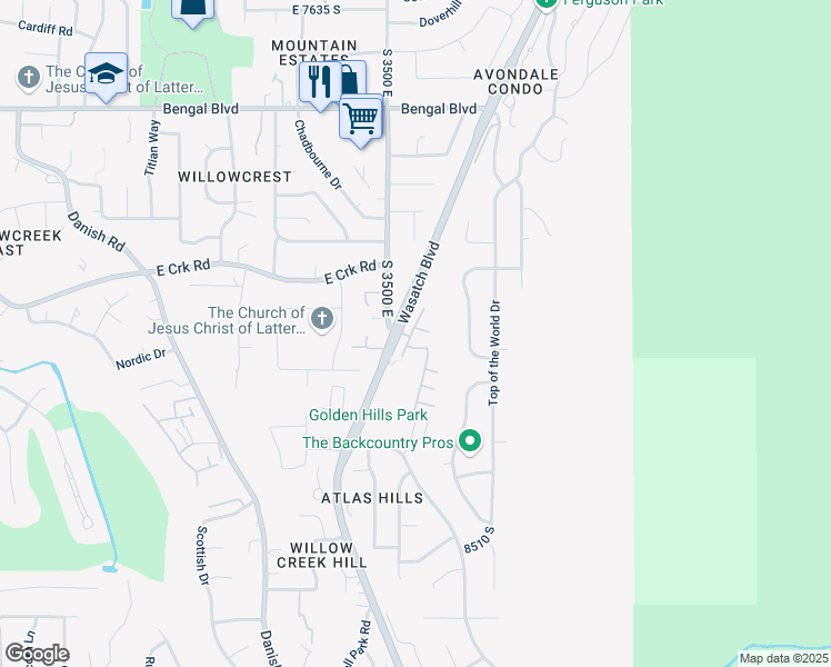 map of restaurants, bars, coffee shops, grocery stores, and more near 3548 Wasatch Hills Lane in Cottonwood Heights