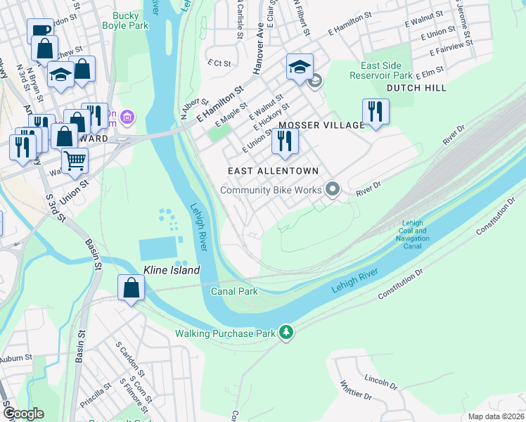 map of restaurants, bars, coffee shops, grocery stores, and more near 158 East Ford Street in Allentown