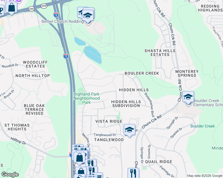 map of restaurants, bars, coffee shops, grocery stores, and more near 390 Reddington Drive in Redding