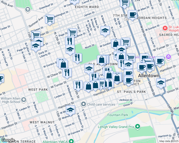map of restaurants, bars, coffee shops, grocery stores, and more near 1119 West Turner Street in Allentown
