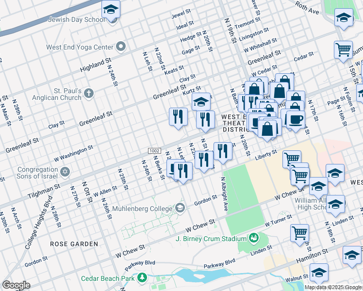 map of restaurants, bars, coffee shops, grocery stores, and more near 2201-2227 Tilghman Street in Allentown