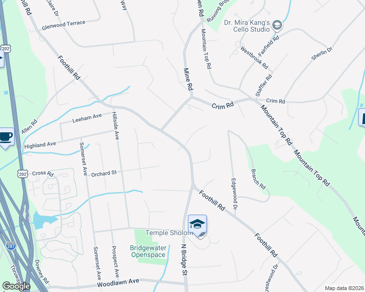 map of restaurants, bars, coffee shops, grocery stores, and more near 612 Foothill Road in Bridgewater Township