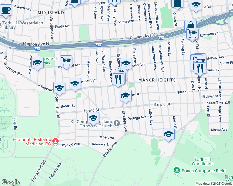 map of restaurants, bars, coffee shops, grocery stores, and more near 314 Bradley Avenue in Staten Island