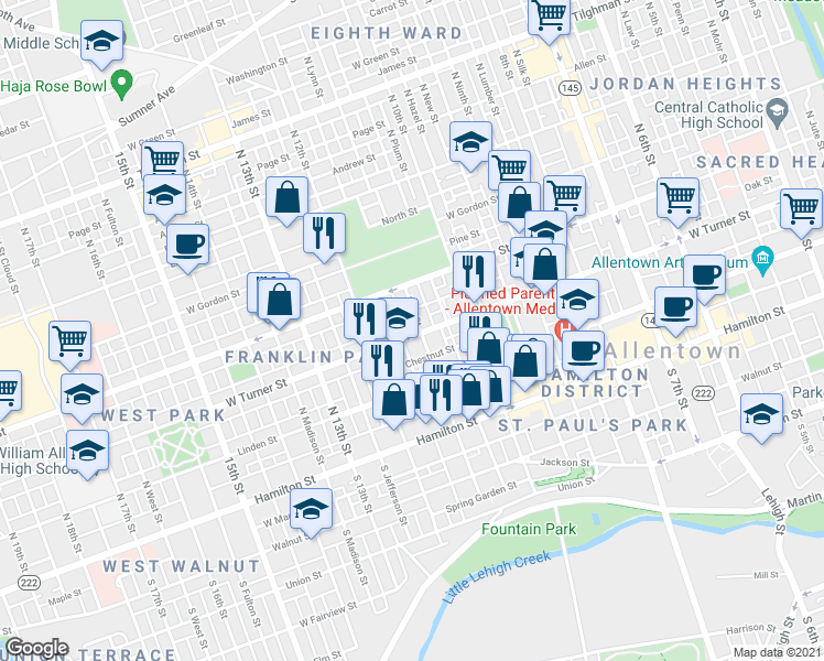 map of restaurants, bars, coffee shops, grocery stores, and more near 1107 West Turner Street in Allentown