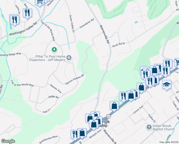 map of restaurants, bars, coffee shops, grocery stores, and more near 3 Bradley Court in Green Brook Township
