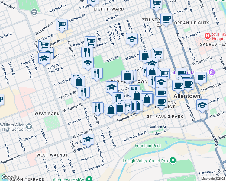map of restaurants, bars, coffee shops, grocery stores, and more near 223 11th Street in Allentown