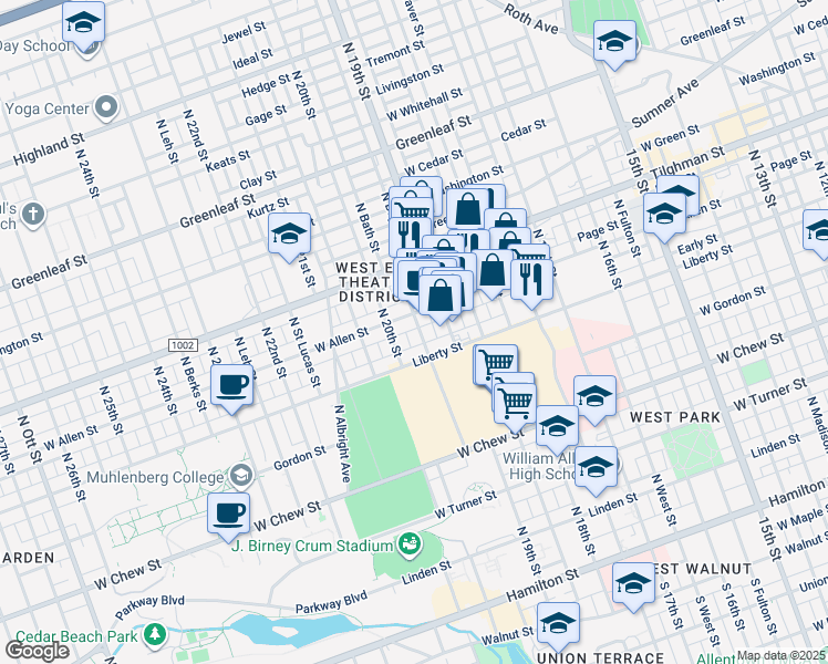 map of restaurants, bars, coffee shops, grocery stores, and more near 522 North Lafayette Street in Allentown