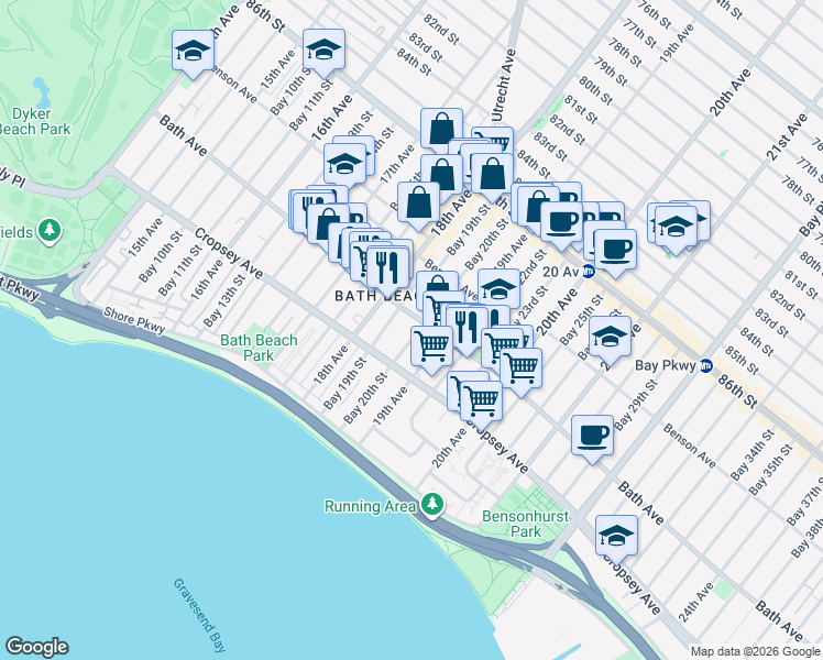 map of restaurants, bars, coffee shops, grocery stores, and more near 180 Bay 20th Street in Brooklyn